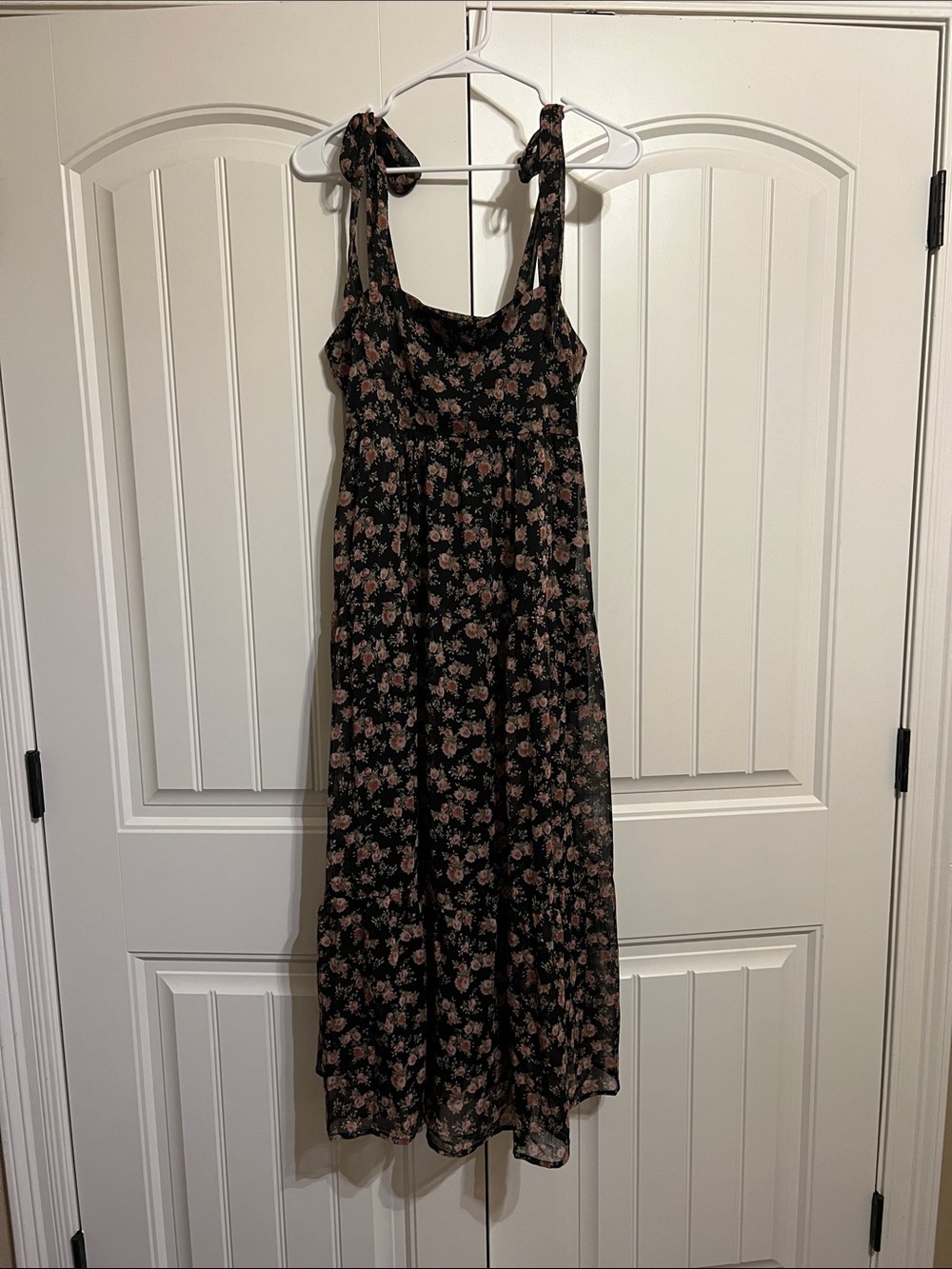 Black Floral Midi Dress with Tie Shoulders